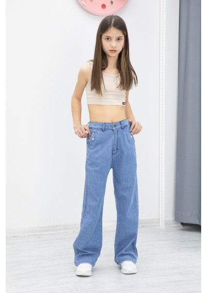 Mavi Geniş Paça Bel Lastikli Kız Çocuk Jean Pantolon 20049 fırsatları