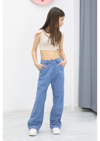 Mavi Geniş Paça Bel Lastikli Kız Çocuk Jean Pantolon 20049 indirimleri