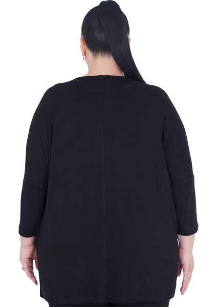 Kadın Büyük Beden Siyah İnci Detaylı Oversize Bluz