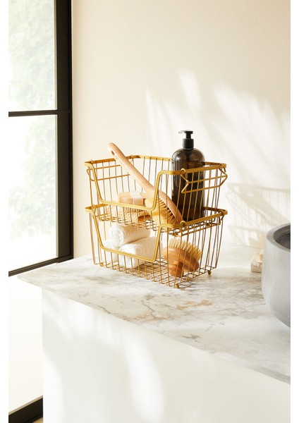 2'li Altın Renk Metal Sepet Set 32 x 22 x 16 cm