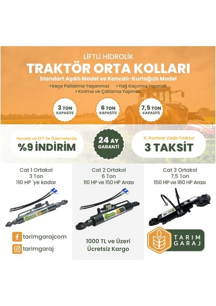 Ağır Tip Aşıklı Traktör Ortakol Kilitli Hidrolik Lifti 55 Cm-3 Ton