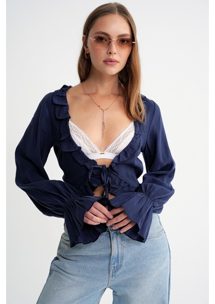 4712 Kadın Volanlı Modal Bolero Bluz Lacivert