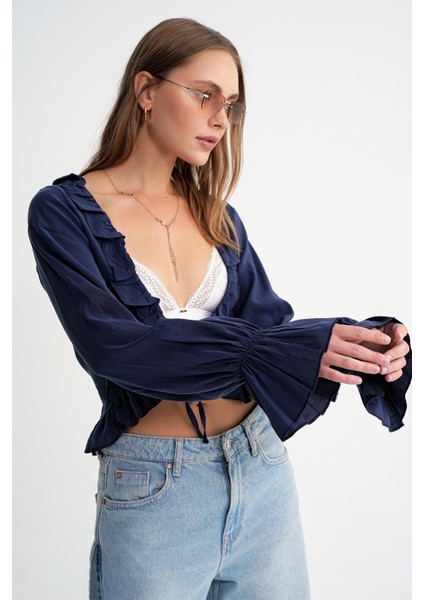 4712 Kadın Volanlı Modal Bolero Bluz Lacivert fiyatları