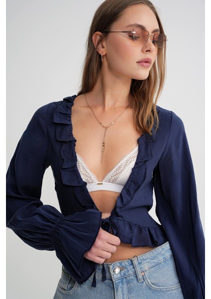 4712 Kadın Volanlı Modal Bolero Bluz Lacivert modelleri