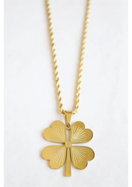Çelik Yonca Kolye - Altın