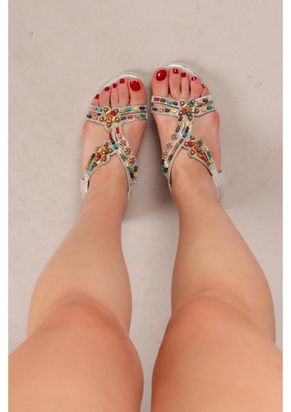 Alora Etnik Taşlı Sandalet Gümüş