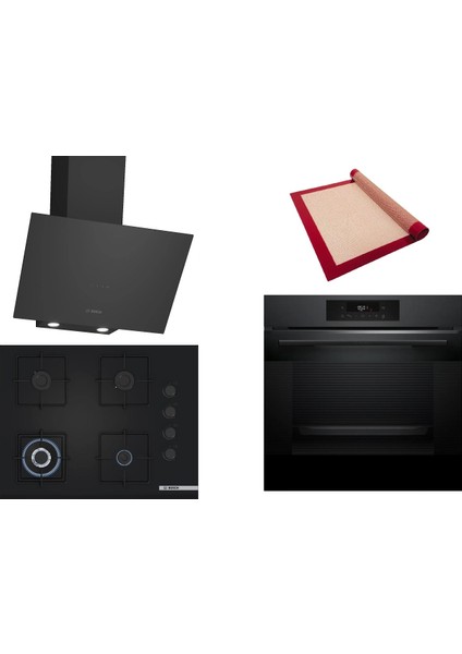 Siyah 3 Lü Ankastre Set 358 ( HJG852YT0T - POH7C6P30O - DWK64PJ60T ) 67CM Wok Bek Ocak - 3D Fry Hava ile Kızartma - Pişirme Matı ile Birlikte