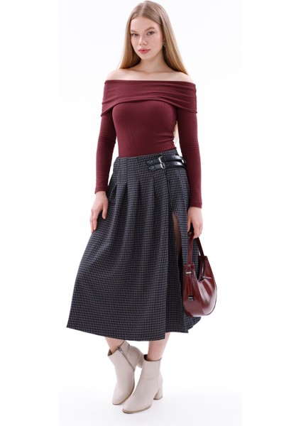 Lacivert Ekose Yırtmaç Detaylı Midi Etek indirimleri