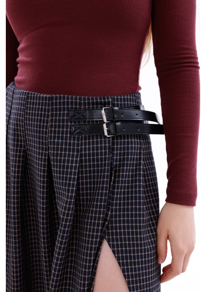 Lacivert Ekose Yırtmaç Detaylı Midi Etek