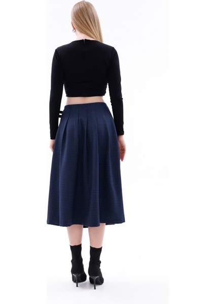 Lacivert Ekose Yırtmaç Detaylı Midi Etek fiyatları