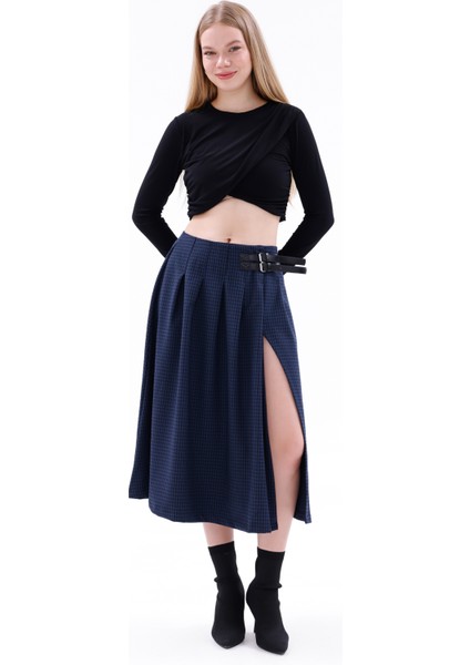 Lacivert Ekose Yırtmaç Detaylı Midi Etek