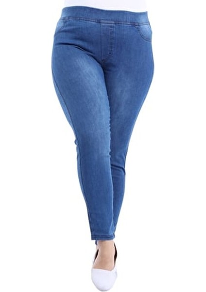 Kadın Kot Pantolon Toparlayıcı Full Likra Beli Lastikli Yüksek Bel Büyük / Küçük Beden- Mavi