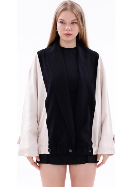 Oversize Kontrast Detaylı Ceket – Siyah Ekru