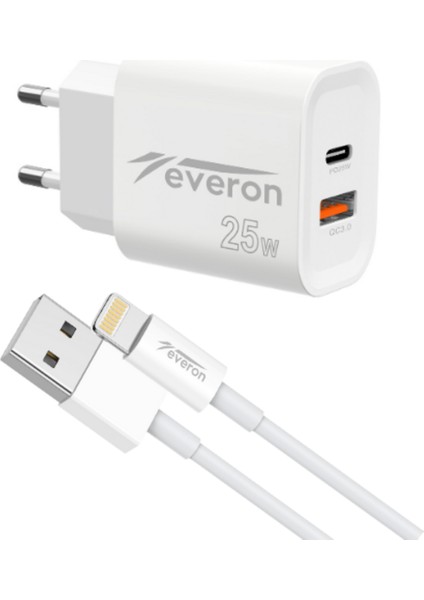 Everon 25W Lightning Usb-A Kablolu Çift Girişli Set Şarj Cihazı Evr 023-I