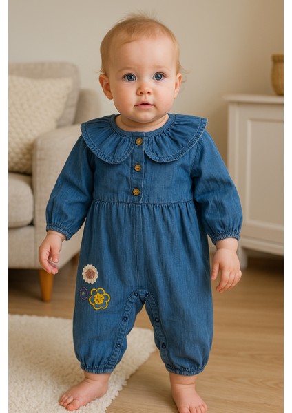 Kız Bebek Çiçek Nakışlı Pamuklu Sevimli Kot Tulum fiyatları