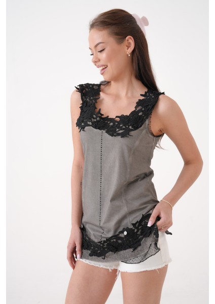 Kadın Dantel Güpü Yaka Kalın Askılı Eteği Güpürlü Yıkamalı Büyük Beden Spr Şık Curve Tunik fırsatları