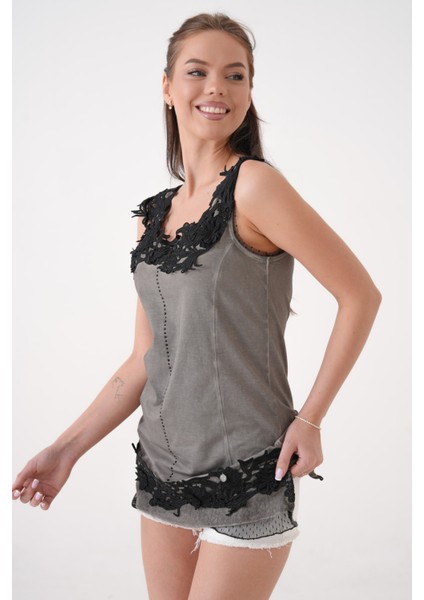 Kadın Dantel Güpü Yaka Kalın Askılı Eteği Güpürlü Yıkamalı Büyük Beden Spr Şık Curve Tunik indirimleri