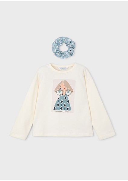 Kız Çocuk 2’li Set (4-10 Yaş) – Krem Renk Baskılı Pamuk Bluz ve Çiçek Desenli Tokalı Set