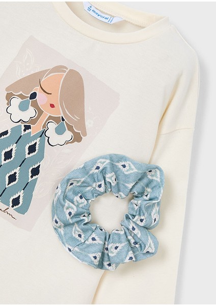 Kız Çocuk 2’li Set (4-10 Yaş) – Krem Renk Baskılı Pamuk Bluz ve Çiçek Desenli Tokalı Set modelleri