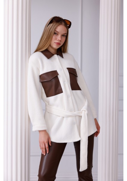 Kontrast Detaylı Kemerli Gömlek Ceket modelleri