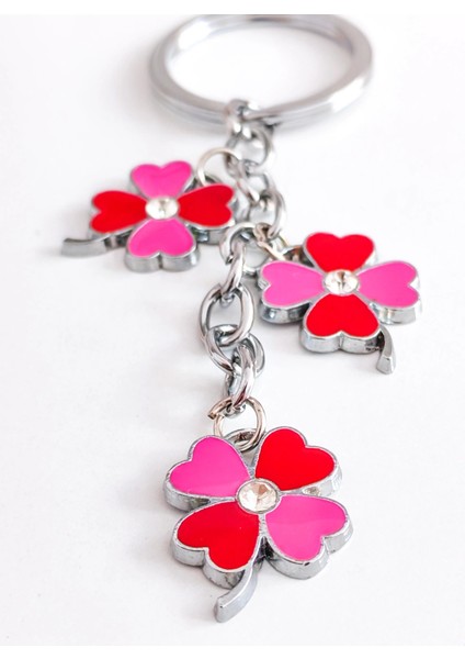 Kırmızı Pembe Renkli 4 Yapraklı Yonca Metal Anahtarlık