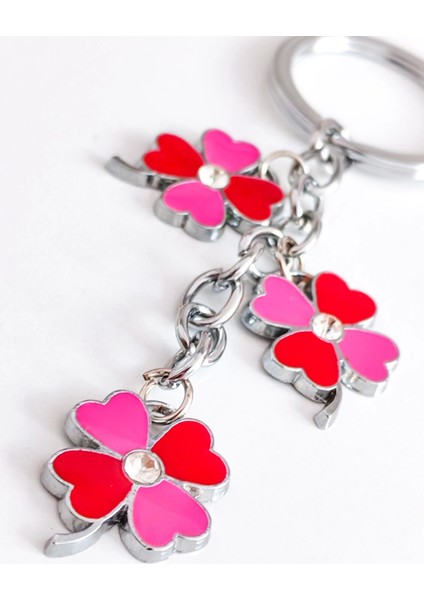 Kırmızı Pembe Renkli 4 Yapraklı Yonca Metal Anahtarlık fırsatları