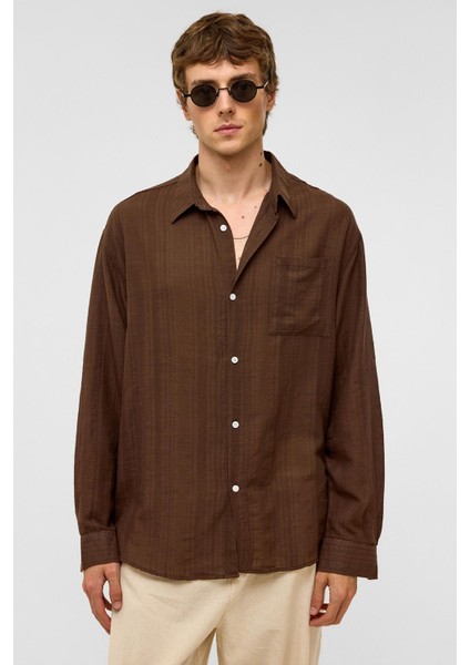 Oversize Çizgili Uzun Kollu Keten Gömlek Kahve fiyatları