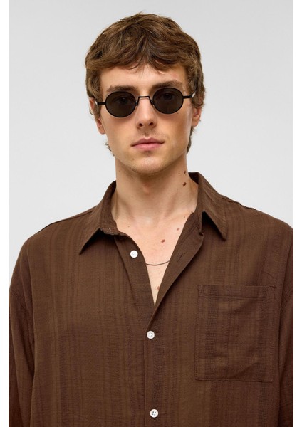 Oversize Çizgili Uzun Kollu Keten Gömlek Kahve modelleri