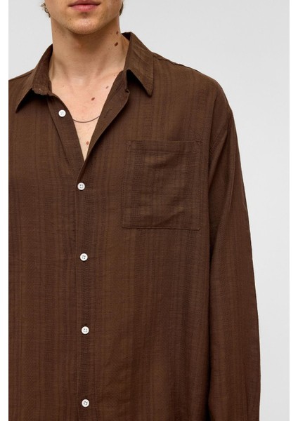 Oversize Çizgili Uzun Kollu Keten Gömlek Kahve fırsatları