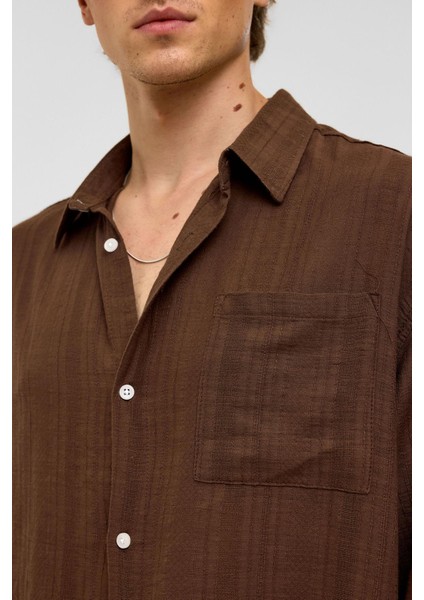 Oversize Çizgili Uzun Kollu Keten Gömlek Kahve indirimleri