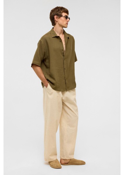 Oversize Kısa Kollu Müslin Kumaş Gömlek Haki fiyatları