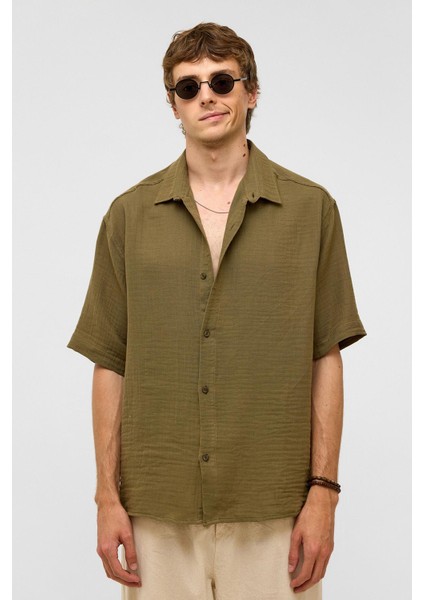 Oversize Kısa Kollu Müslin Kumaş Gömlek Haki modelleri