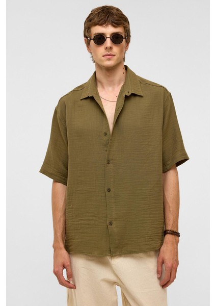 Oversize Kısa Kollu Müslin Kumaş Gömlek Haki fırsatları