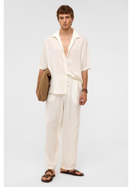 Oversize Çizgili Kısa Kollu Modal Kumaş Gömlek Beyaz