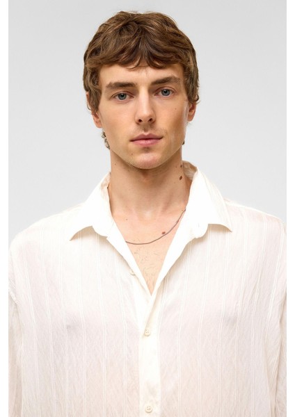 Oversize Çizgili Kısa Kollu Modal Kumaş Gömlek Beyaz modelleri