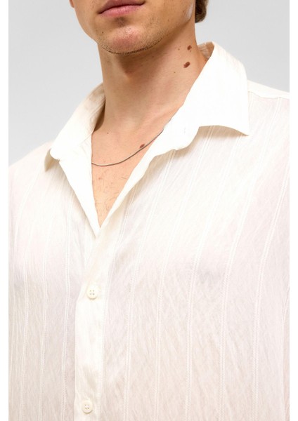 Oversize Çizgili Kısa Kollu Modal Kumaş Gömlek Beyaz indirimleri