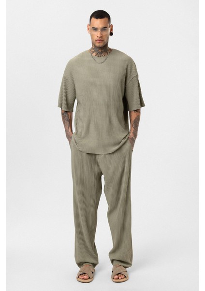 Basic Oversize Bisiklet Yaka Ottoman Takım Haki