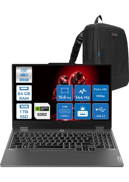 Loq 15IRX10 Intel® Core I7-13650HX 64GB Ddr5 1tb SSD 15.6" 8GB/RTX5060 100W (1920X1080) IPS 300NITS 144Hz, G-Sync® Freedos Gaming BILG.83JE00ETTRF18+ZETTAÇANTA