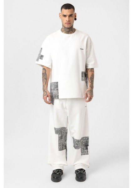 Etnik Desenli Oversize Eşofman Takım Ekru