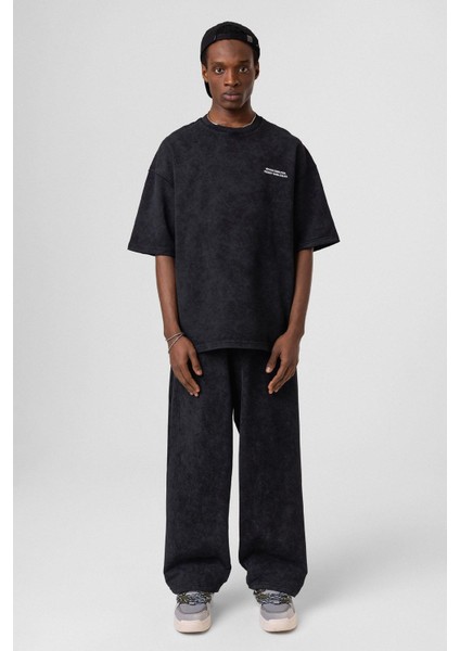 Yıkamalı Arka Baskılı Oversize Eşofman Takım Siyah