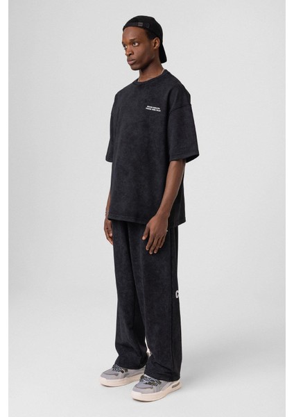 Yıkamalı Arka Baskılı Oversize Eşofman Takım Siyah modelleri