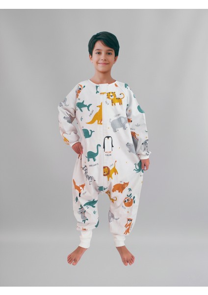 Pamuk Pazen Uzun Kollu Unisex Kışlık Çocuk Uyku Tulumu %100 Pamuk Hayvan Desenli 20-24 Derece 1 Tog