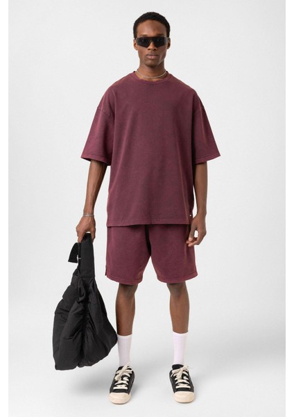 Basic Yıkamalı Oversize Şort Takım Bordo