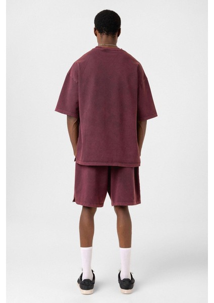 Basic Yıkamalı Oversize Şort Takım Bordo fiyatları