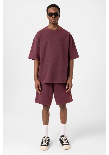 Basic Yıkamalı Oversize Şort Takım Bordo modelleri