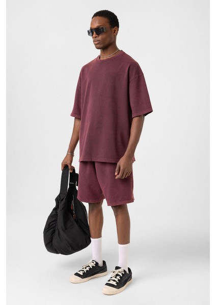 Basic Yıkamalı Oversize Şort Takım Bordo indirimleri
