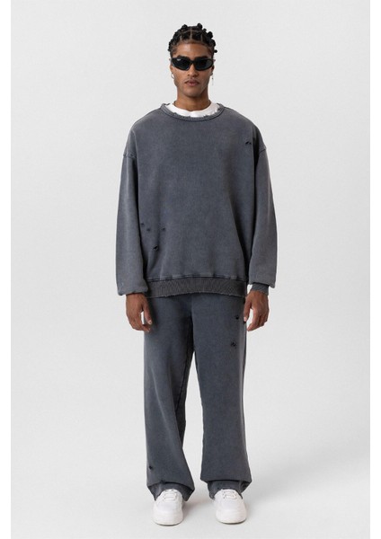 Premıum Yıkamalı Yırtık Detaylı Oversize Eşofman Takım Siyah