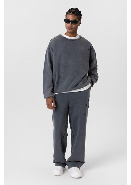 Premıum Yıkamalı Yırtık Detaylı Oversize Eşofman Takım Siyah modelleri