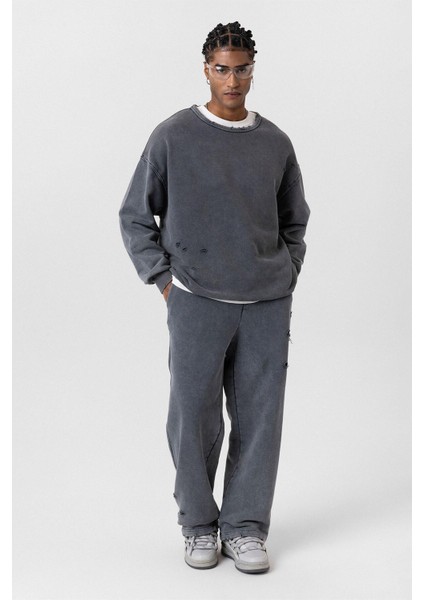 Premıum Yıkamalı Yırtık Detaylı Oversize Eşofman Takım Siyah fırsatları