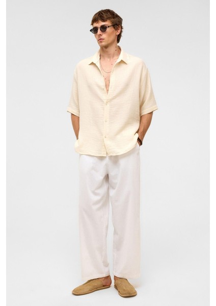 Oversize Kısa Kollu Müslin Kumaş Gömlek Naturel